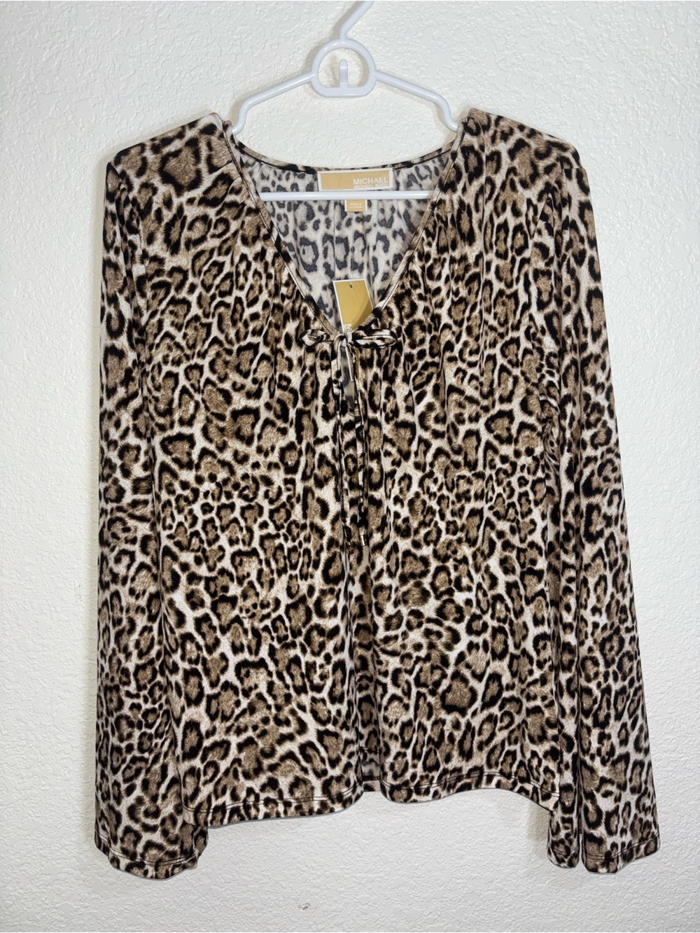 NWT Michael Kors Leopard-Print Long Sleeve Tie-Neck Top